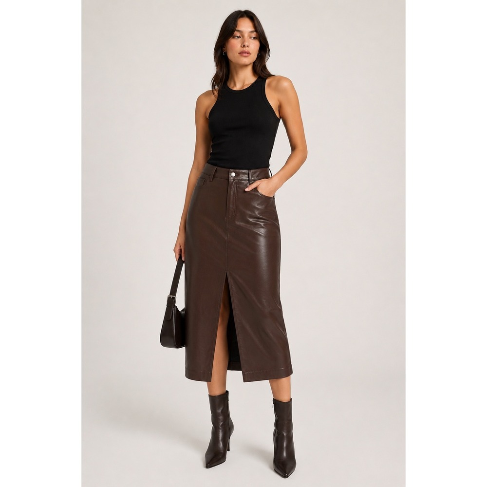 Express 12 Vegan Leather Midi Skirt Brown Straight Front Slit